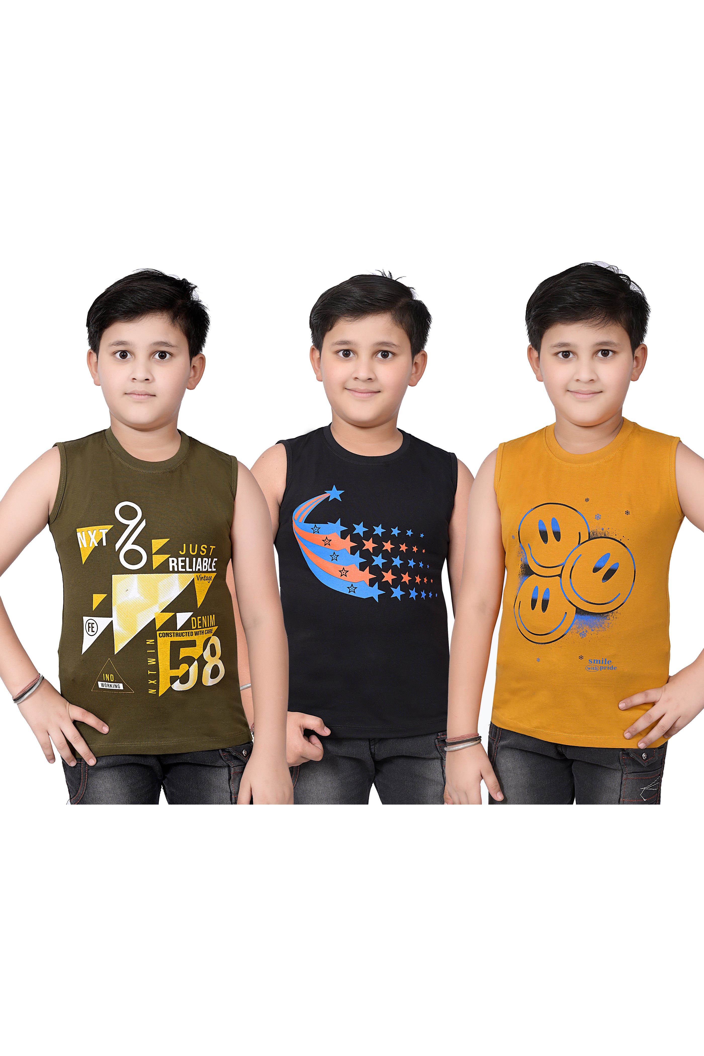 Stylish Sleeveless T-Shirts for Boys - Pack of 3 Funky Designs