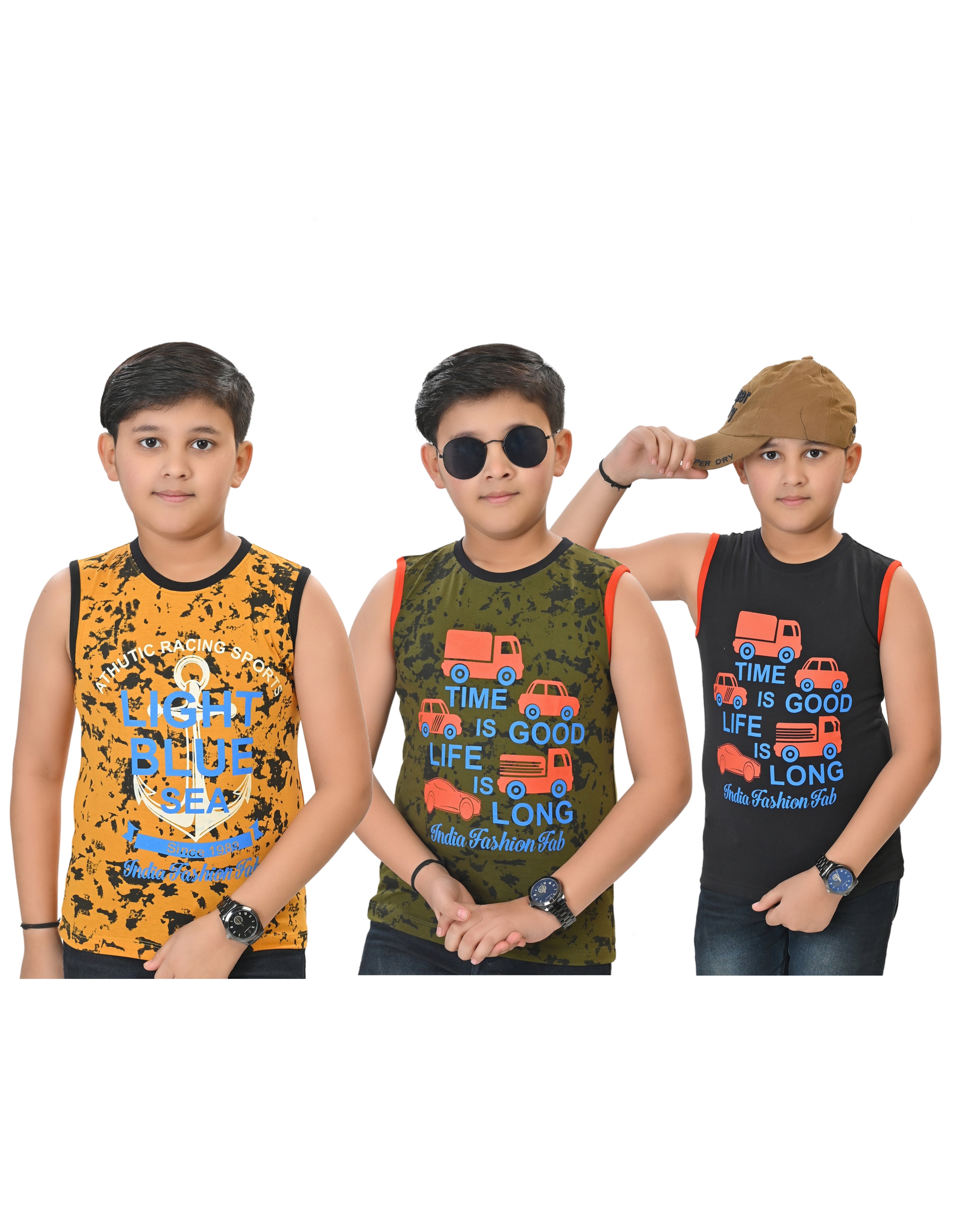 Boys' Cotton Printed Muscle Tees – Pack of 3