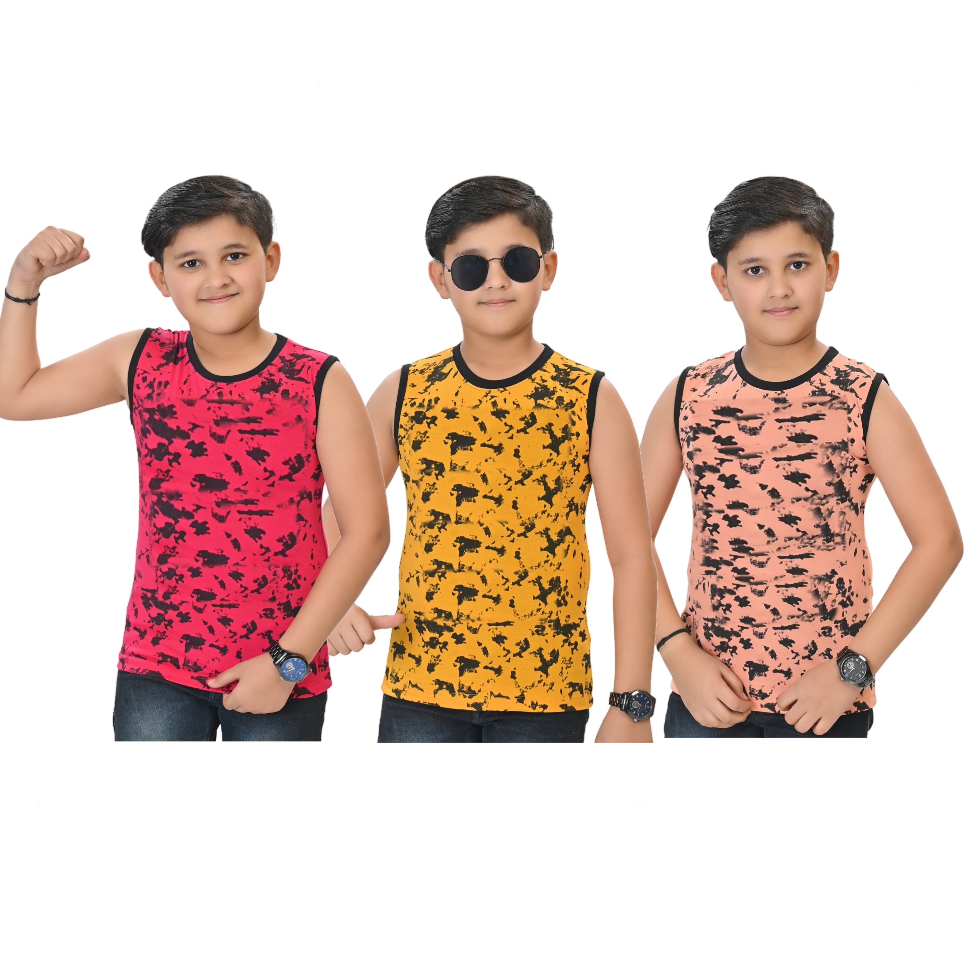 Boys Pack Of 3 Abstract Printed Round Neck Cotton T-shirts