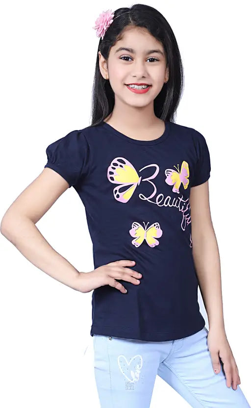 Girls Printed Pure Cotton Regular T Shirt  (Multicolor, Pack of 3)