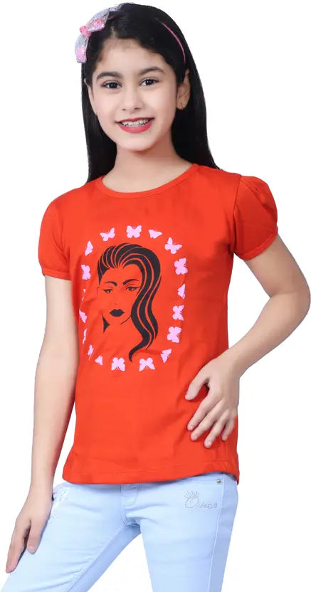 Girls Printed Pure Cotton Regular T Shirt  (Multicolor, Pack of 3)