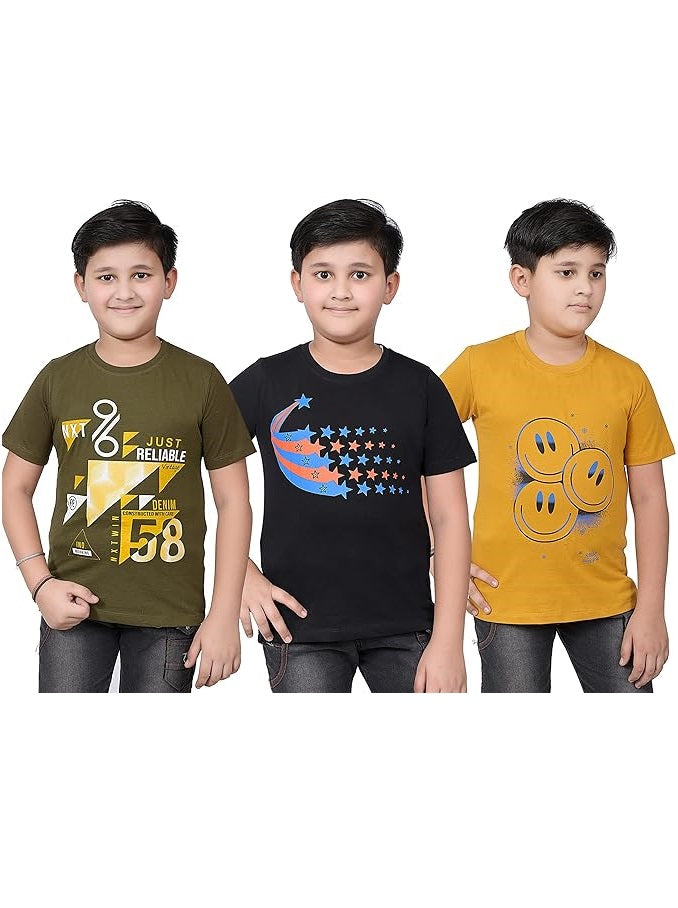 INDIA FASHION FAB Boys' Pure Cotton Printed Star Half Regular Fit T-Shirt (Pack of 3)