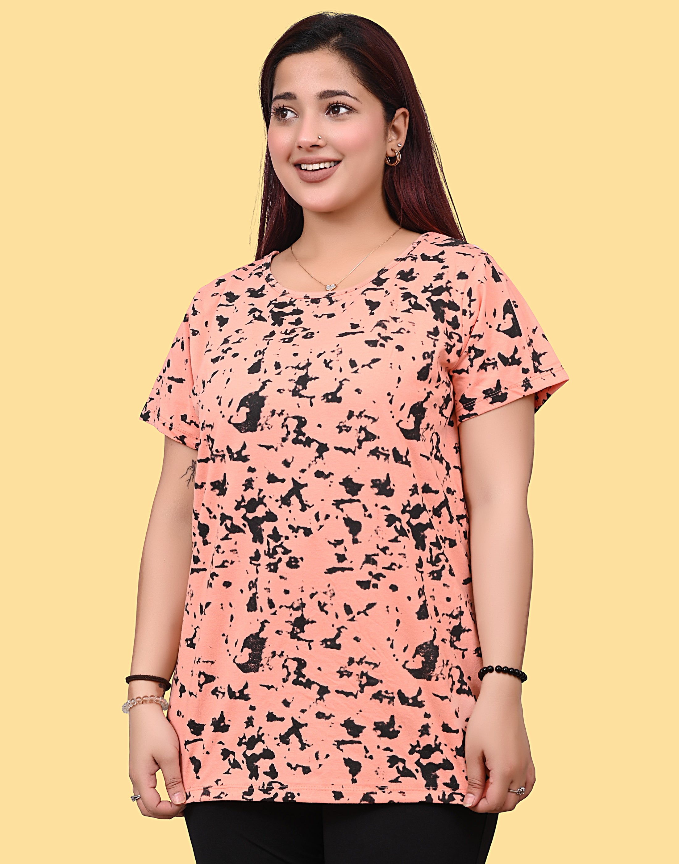 Women's Peach Black Abstract Print Cotton T-Shirt
