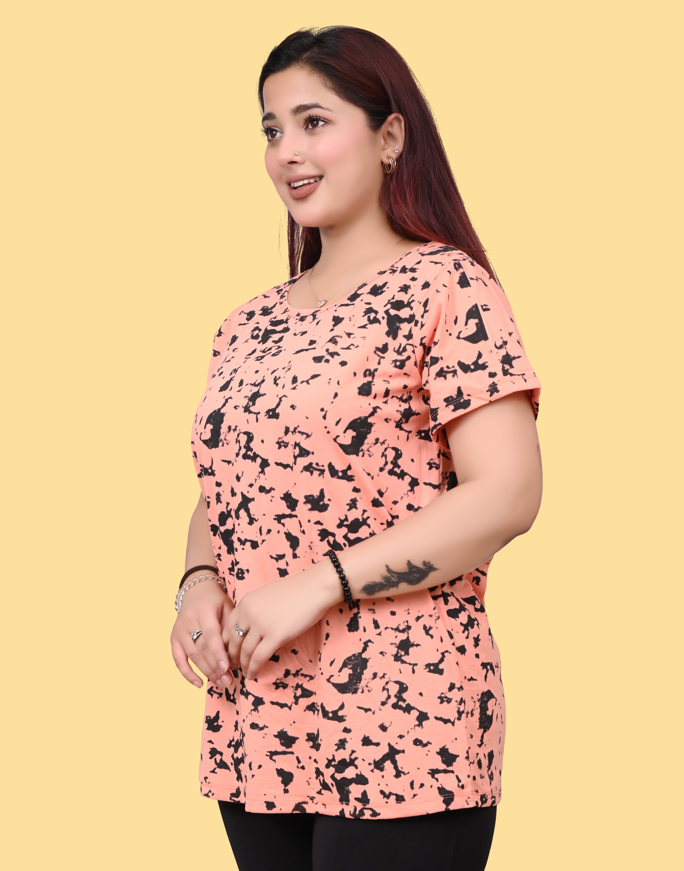 Women's Peach Black Abstract Print Cotton T-Shirt