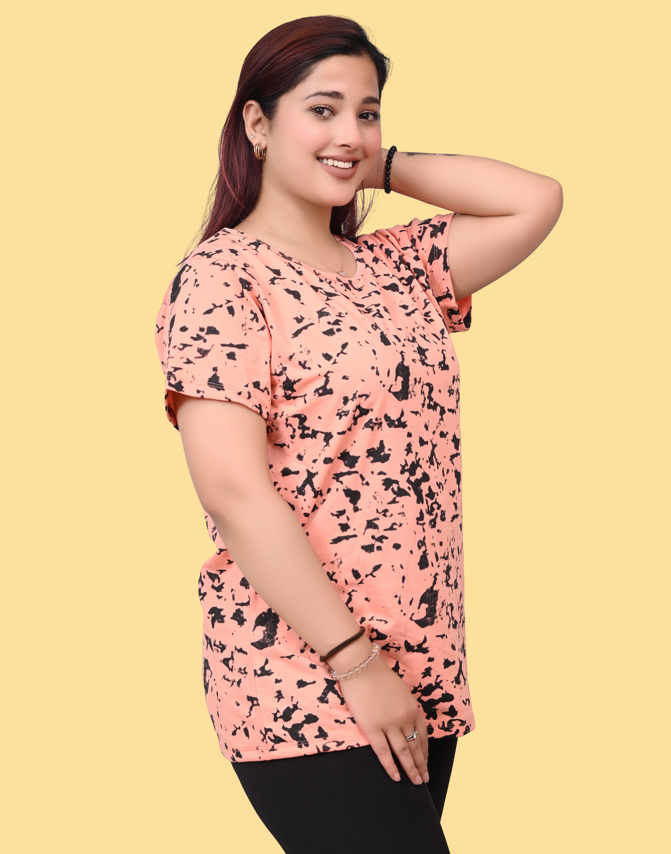 Women's Peach Black Abstract Print Cotton T-Shirt