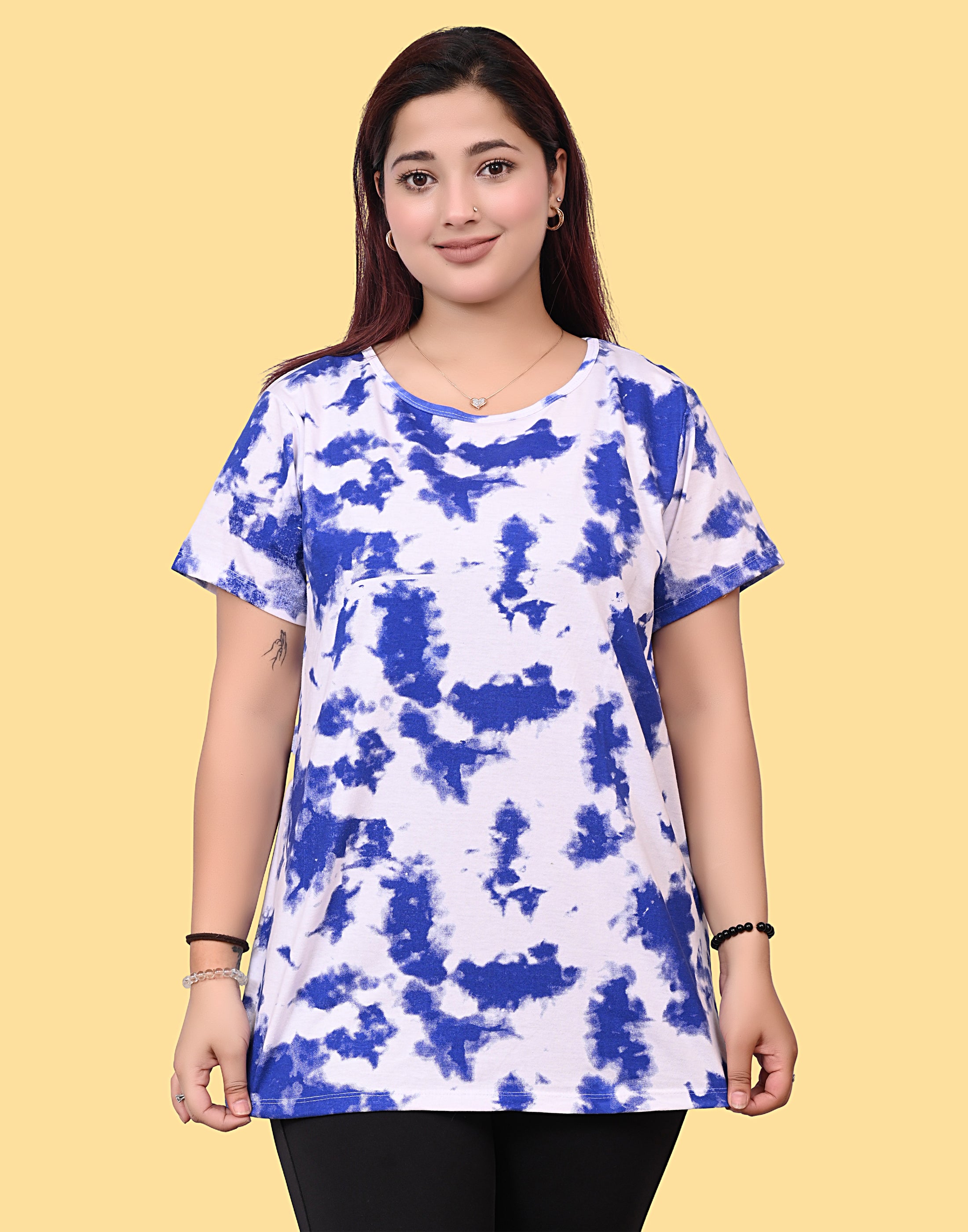 Women's White Blue Abstract Print Cotton T-Shirt