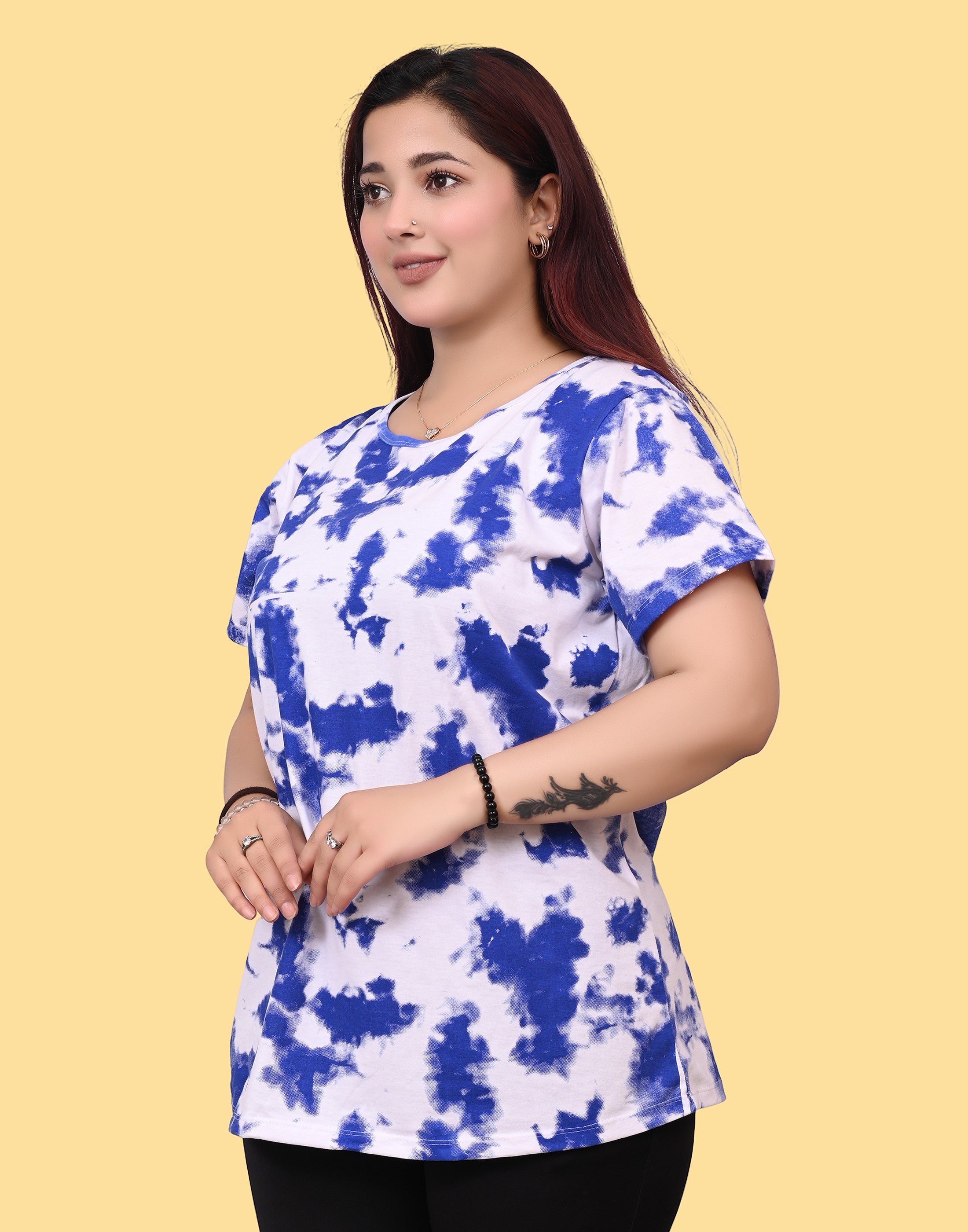 Women's White Blue Abstract Print Cotton T-Shirt