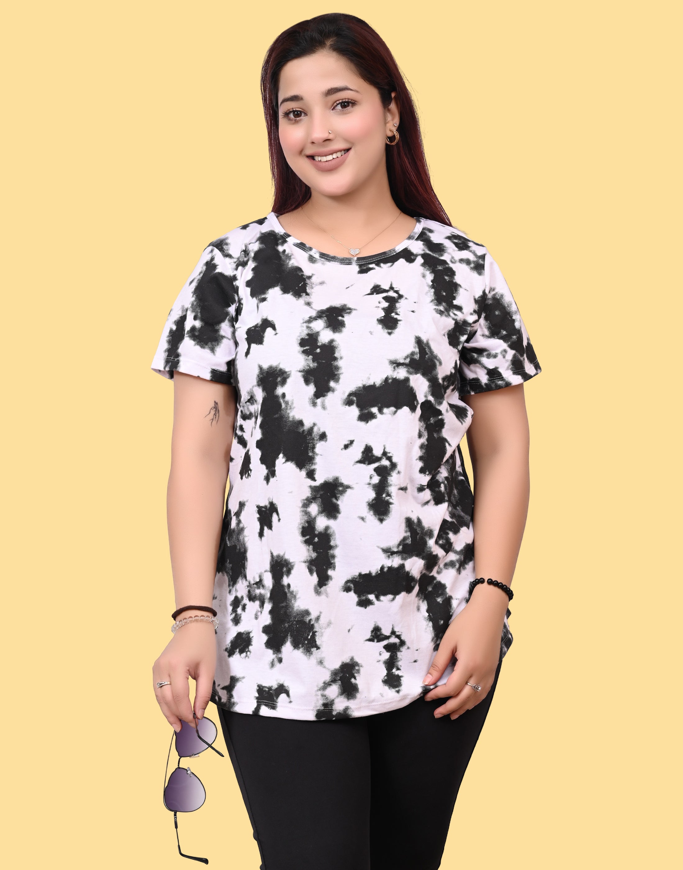 Women's White Black Abstract Print Cotton T-Shirt