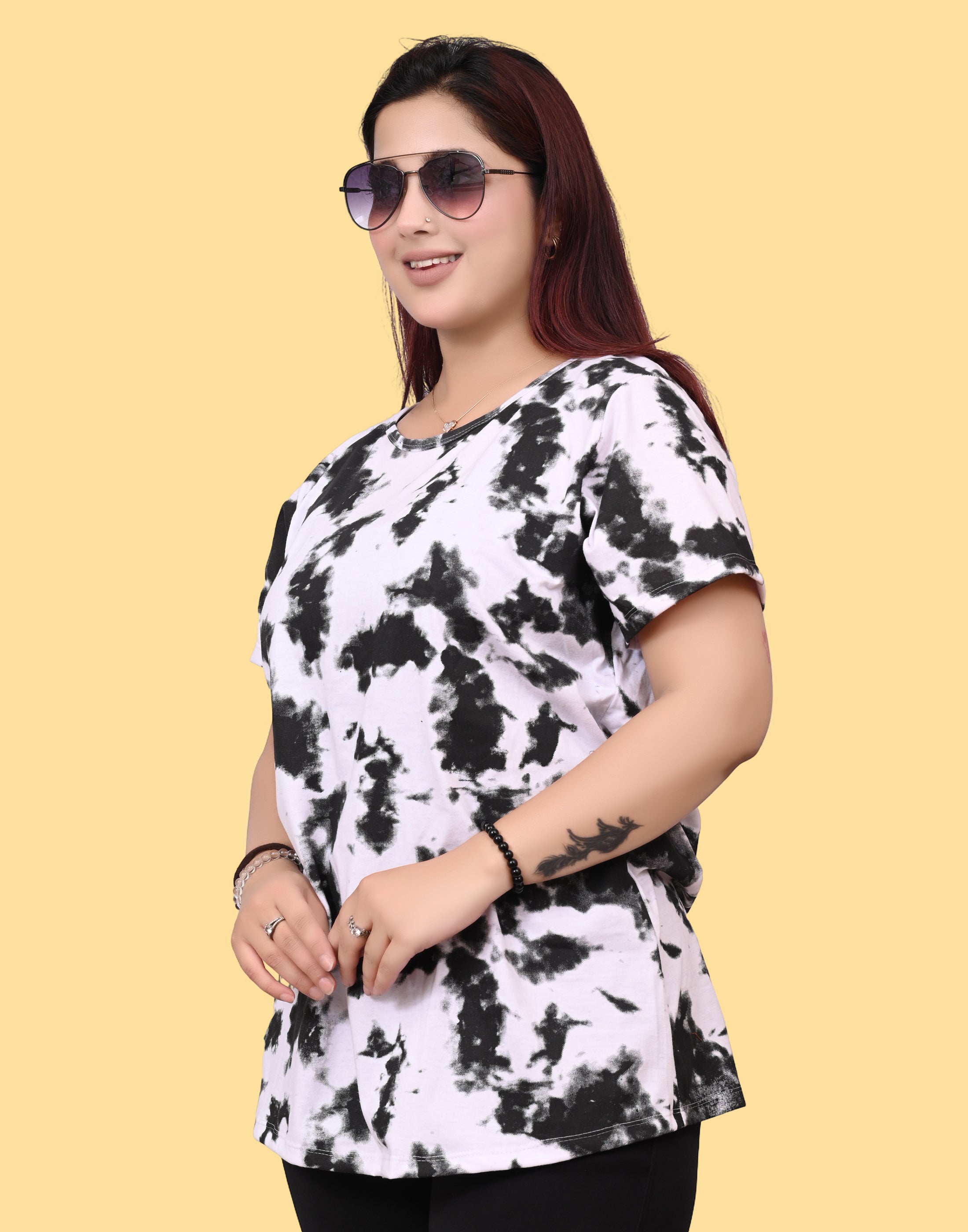 Women's White Black Abstract Print Cotton T-Shirt