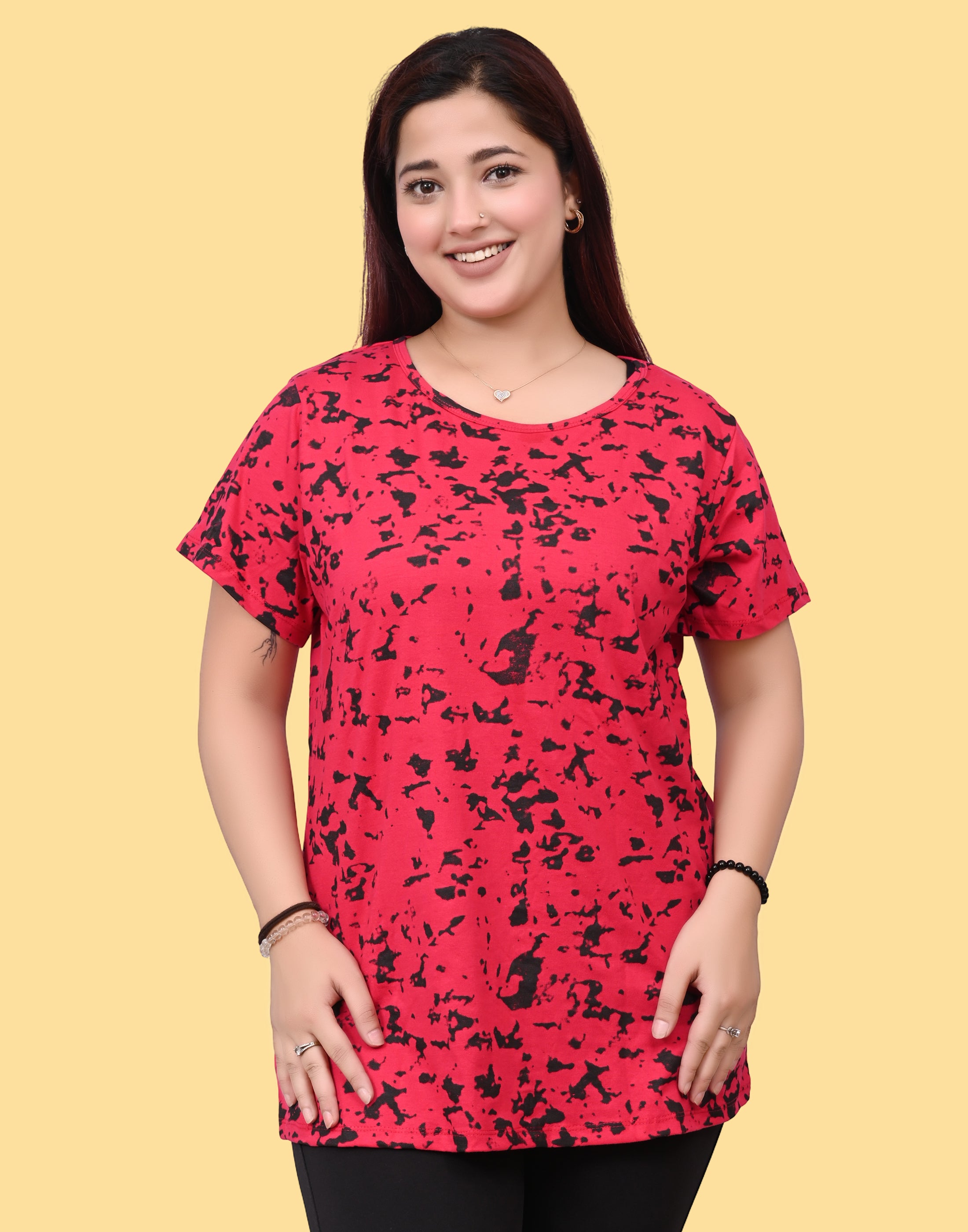 Women's Red & Black Abstract Print Cotton T-Shirt