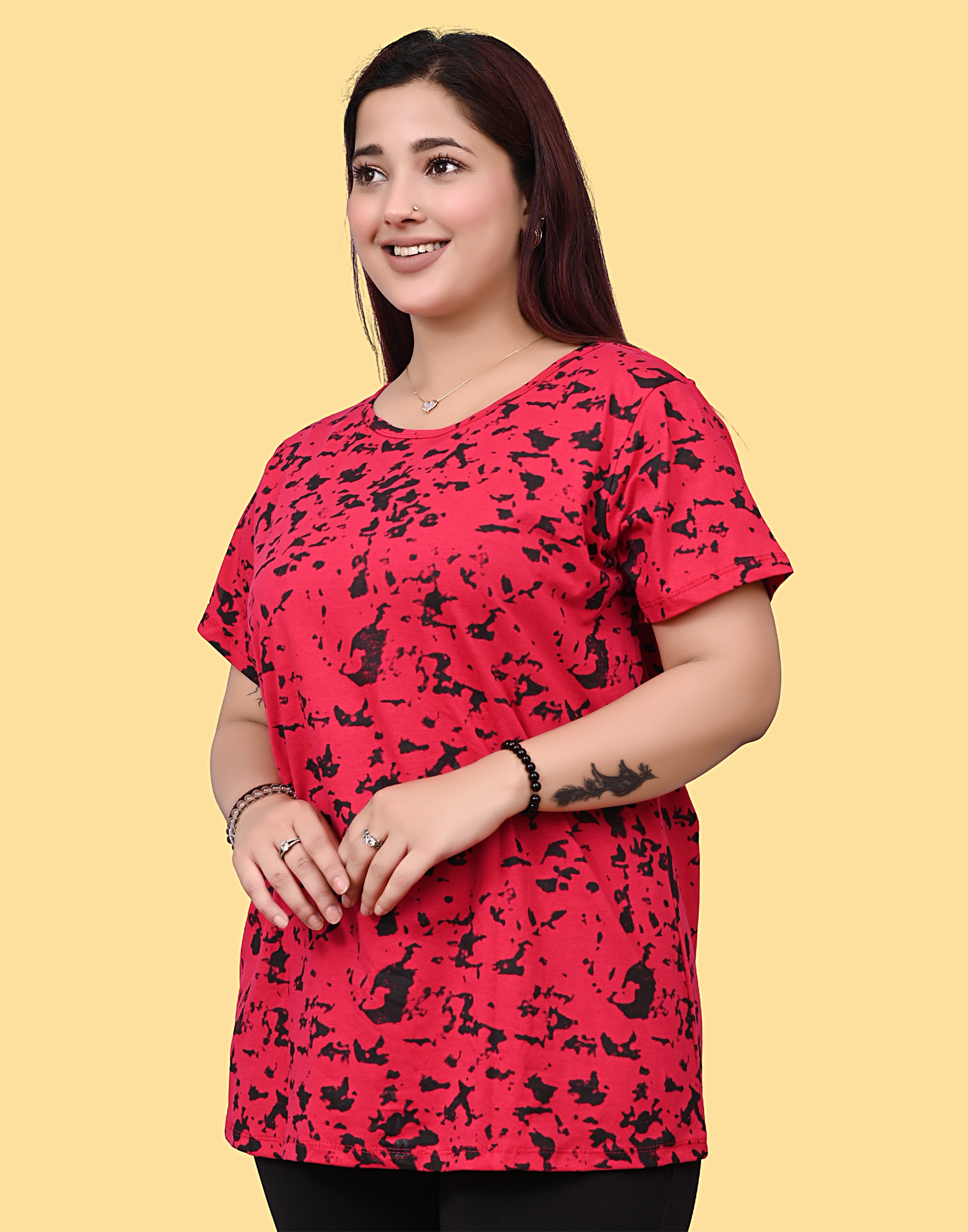 Women's Red & Black Abstract Print Cotton T-Shirt