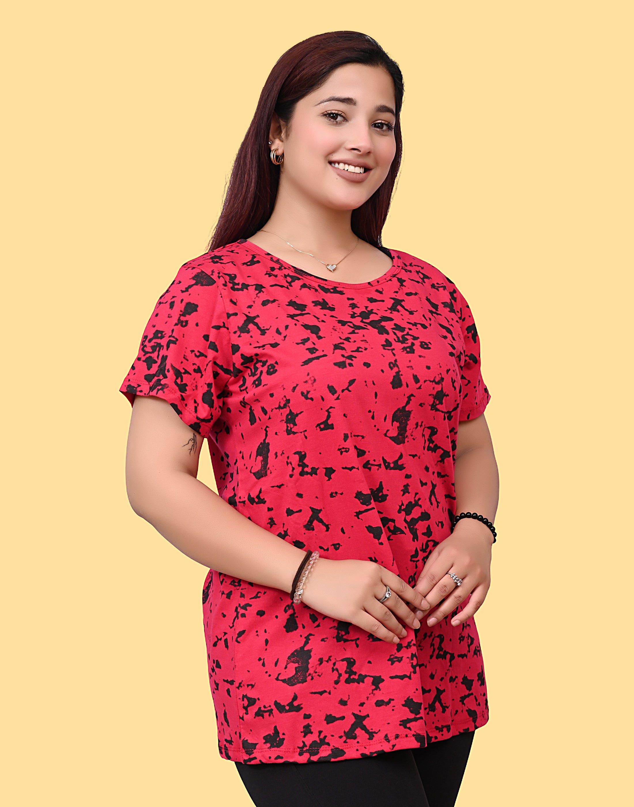 Women's Red & Black Abstract Print Cotton T-Shirt